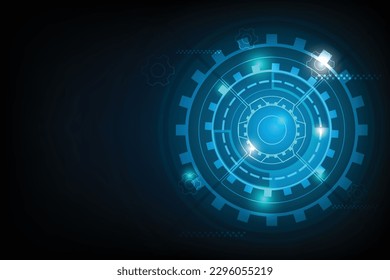 Gear technology with light particle. Machinery style with free space for design. Rectangle particle in blue color. 