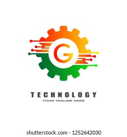 Gear technology logo, industrial emblem,sign,symbol,vector logos for business corporate, team work,factory icon, connection, mechanical engineering, machine, illustration element, G,