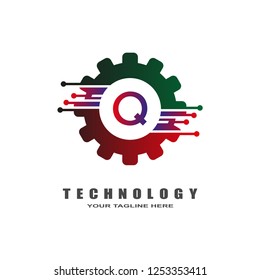 Gear technology logo, industrial emblem,sign,symbol,vector logos for business corporate, team work,factory icon, connection, mechanical engineering, machine, illustration element, Q,