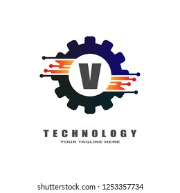 Gear technology logo, industrial emblem,sign,symbol,vector logos for business corporate, team work,factory icon, connection, mechanical engineering, machine, illustration element, V,