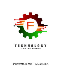 Gear technology logo, industrial emblem,sign,symbol,vector logos for business corporate, team work,factory icon, connection, mechanical engineering, machine, illustration element, F,