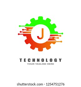 Gear technology logo, industrial emblem,sign,symbol,vector logos for business corporate, team work,factory icon, connection, mechanical engineering, machine, illustration element, J,