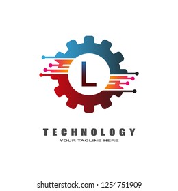 Gear technology logo, industrial emblem,sign,symbol,vector logos for business corporate, team work,factory icon, connection, mechanical engineering, machine, illustration element, L,