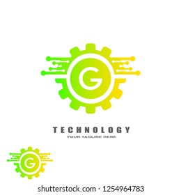 Gear technology logo, industrial emblem,sign,symbol,vector logos for business corporate, team work,factory icon, connection, mechanical engineering, machine, illustration element, G