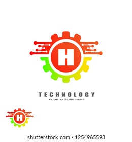 Gear technology logo, industrial emblem,sign,symbol,vector logos for business corporate, team work,factory icon, connection, mechanical engineering, machine, illustration element, H