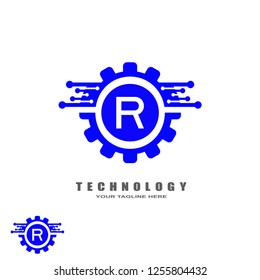 Gear technology logo, industrial emblem,sign,symbol,vector logos for business corporate, team work,factory icon, connection, mechanical engineering, machine, illustration element, R,