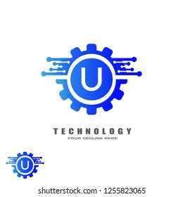 Gear technology logo, industrial emblem,sign,symbol,vector logos for business corporate, team work,factory icon, connection, mechanical engineering, machine, illustration element, U,
