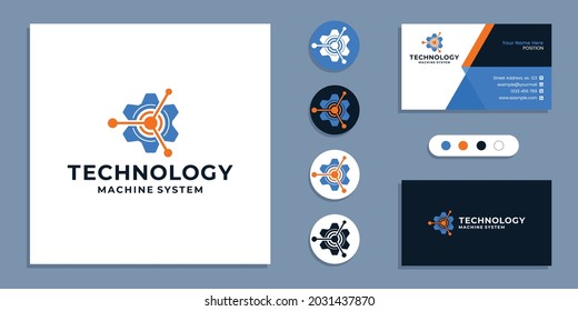 Gear, technology machine system logo and business card design template