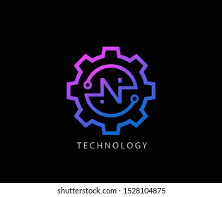 Gear technology N letter logo vector logo template. Techno N Icon Logo. This logo is suitable for factory, industrial, technology, website, digital, mechanic, wheel.