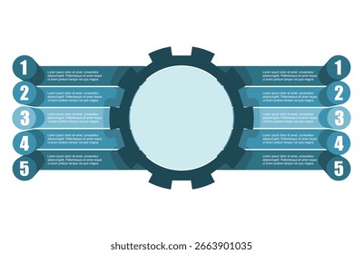 Engranaje y diez características u opción de proyecto a seleccionar. Ilustración infográfica mínima para visualización de información de negocios, tecnología e industria.