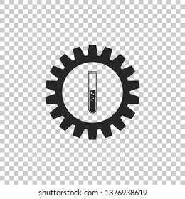 Gear and test tube icon isolated on transparent background. Chemical industry concept. Cogwheel and flask sign. Experiment laboratory glass chemical research symbol. Flat design. Vector Illustration