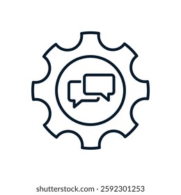 Gear, text windows. Concept of technical support chat. Vector linear icon isolated on white background.