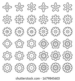 Gear thin line icon collection isolated on white background. Set of cogwheels or gearwheels. Config settings symbols, gears signs, sprocket silhouettes, spoke graphic elements vector illustration