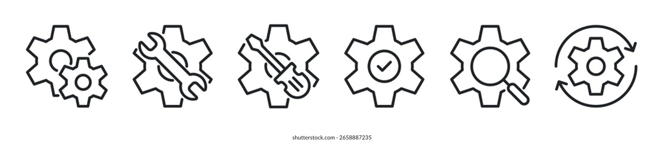 Conjunto de ícones de linha fina da engrenagem. Cogwheel, configuração, ícones mínimos do mecanismo