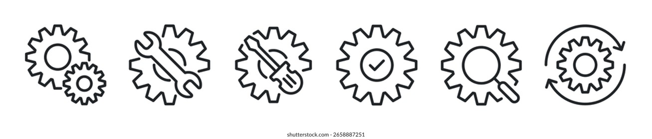 Conjunto de ícones de linha fina da engrenagem. Cogwheel, configuração, ícones mínimos do mecanismo