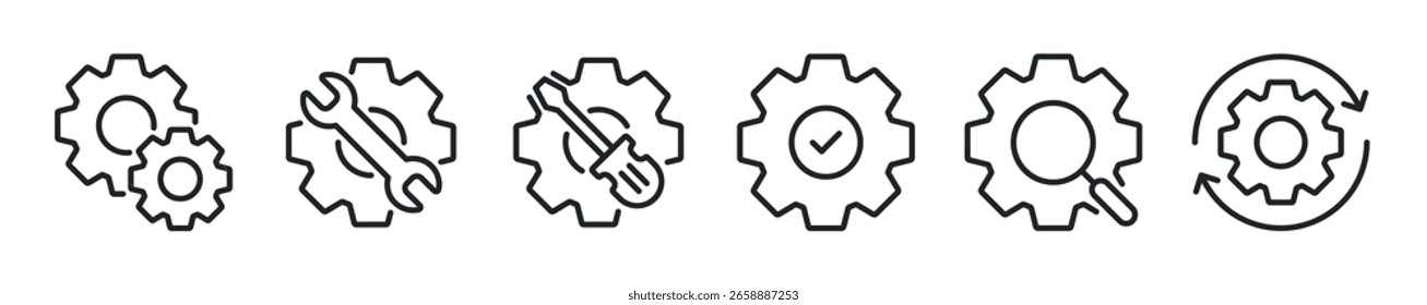 Conjunto de ícones de linha fina da engrenagem. Cogwheel, configuração, ícones mínimos do mecanismo