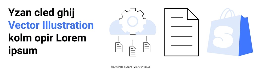 Gear with three connected documents, a paper sheet, and a shopping bag. Ideal for business processes, document management, e-commerce, technology integration. Landing page