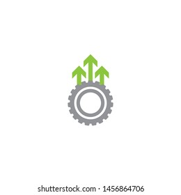 Gear and three green up arrows. icon isolated on white. Vector flat illustration for technology or innovation. Technology and settings pictogram. Gear Integration.