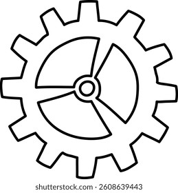 A gear with three pie chart segments in a minimalist line art style. The cogwheel design incorporates sections resembling a circular graph. Cartoon vector illustration.