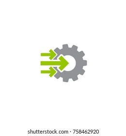 Gear and three right green arrows icon isolated on white. Green and grey colors. Vector flat illustration for technology or innovation. Technology pictogram. Gear Integration.