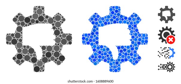Gear thumb down mosaic of round dots in different sizes and color tinges, based on gear thumb down icon. Vector round dots are grouped into blue collage.