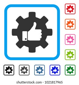 Gear Thumb Up icon. Flat gray pictogram symbol inside a blue rounded frame. Black, gray, green, blue, red, orange color variants of Gear Thumb Up vector. Designed for web and app user interface.