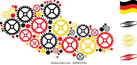 Gear Tibet map composition and stamps. Vector collage is composed with cog elements in variable sizes, and Germany flag official colors - red, yellow, black.