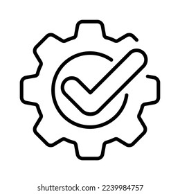 Gear with tick line icon. File management, checkmark, configuration, agreement, report, instructions, manual, tutorial, settings, non disclosure agreement, NDA. Vector line icon on white background