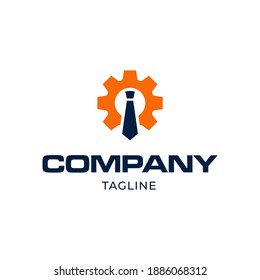 Engranaje y empate como logotipo de trabajo de ingeniería en color naranja azul