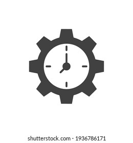 Gear with time glyph icon. Symple solid style. Cogwheel clock dial, development process logo, 24 hours concept symbol design. Vector illustration isolated on white background. EPS 10.