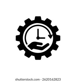 Engrenagem com a mão do tempo dentro, ícone preenchido preto, relógio, gráfico de gerenciamento de tempo, mecanismo de engrenagem, rastreador, ícone de produtividade, símbolo de eficiência, engrenagem de relógio
