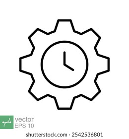 Gear with time line icon. Simple outline style. Work time development, clock and gear, office management concept symbol design. Vector illustration isolated on white background. EPS 10.