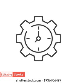 Gear with time line icon. Symple outline style. Cogwheel clock dial, development process logo, 24 hours concept symbol design. Vector illustration isolated on white background. Editable stroke EPS 10.