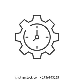 Gear with time line icon. Symple outline style. Cogwheel clock dial, development process logo, 24 hours concept symbol design. Vector illustration isolated on white background. EPS 10.