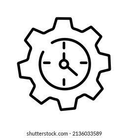 Gear with time line icon. Symple outline style. Cogwheel clock dial, development process logo, 24 hours concept symbol design. Vector illustration isolated on white background.