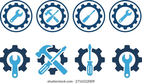 Conjunto de íconos de engranajes y herramientas, símbolos de destornillador de martillo de llave, gráficos de servicio mecánico, diseño de Vector mínimo, Elementos de concepto de mantenimiento