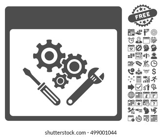 Gear Tools Calendar Page icon with bonus calendar and time management graphic icons. Vector illustration style is flat iconic symbols, gray, white background.
