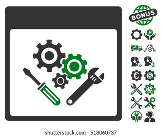 Gear Tools Calendar Page icon with bonus tools pictograph collection. Vector illustration style is flat iconic symbols, green and gray, white background.