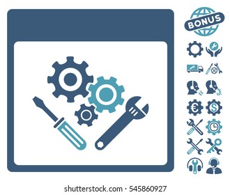 Gear Tools Calendar Page icon with bonus configuration pictures. Vector illustration style is flat iconic symbols, cyan and blue, white background.