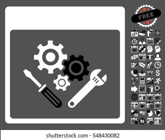 Gear Tools Calendar Page icon with bonus calendar and time management graphic icons. Vector illustration style is flat iconic symbols, black and white, gray background.