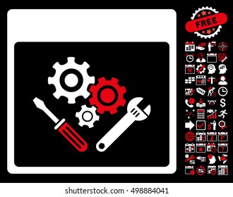 Gear Tools Calendar Page pictograph with bonus calendar and time management design elements. Vector illustration style is flat iconic symbols, red and white, black background.