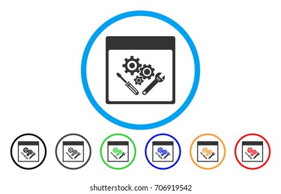 Gear Tools Calendar Page vector rounded icon. Image style is a flat gray icon symbol inside a blue circle. Additional color variants are grey, black, blue, green, red, orange.