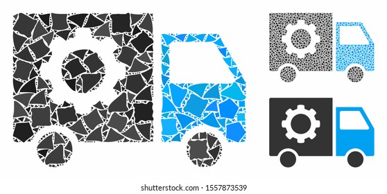 Gear tools delivery car composition of humpy items in various sizes and color tints, based on gear tools delivery car icon. Vector raggy items are organized into composition.