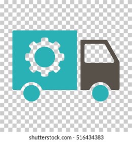 Gear Tools Delivery Car EPS vector pictograph. Illustration style is flat iconic bicolor grey and cyan symbol on chess transparent background.