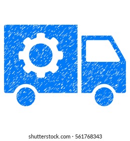 Gear Tools Delivery Car grainy textured icon for overlay watermark stamps. Flat symbol with unclean texture. Dotted vector blue ink rubber seal stamp with grunge design on a white background.