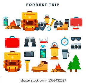 Gear and tools for hiking, set. Equipment for camping trip in forest and mountains. Backpack, boots, binoculars, flashlight, compass, GPS navigator, multitool, etc. Vector illustration.