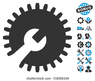 Gear Tools icon with bonus configuration symbols. Vector illustration style is flat iconic blue and gray symbols on white background.
