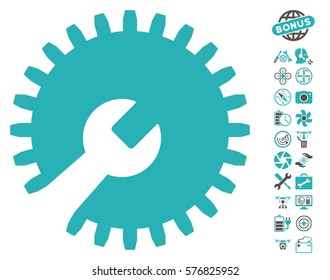 Gear Tools icon with bonus flying drone service pictograms. Vector illustration style is flat iconic grey and cyan symbols on white background.