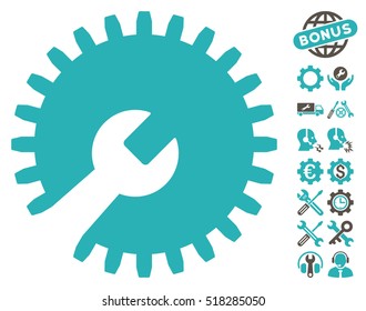 Gear Tools icon with bonus options icon set. Vector illustration style is flat iconic grey and cyan symbols on white background.