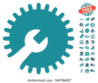 Gear Tools icon with free bonus images. Vector illustration style is flat iconic symbols, soft blue colors, white background.